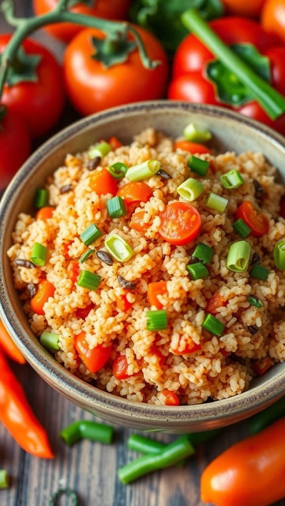 Quinoa Jollof Rice Recipe A bowl of quinoa jollof rice with tomato and pepper sauce, garnished with green onions, surrounded by fresh vegetables.